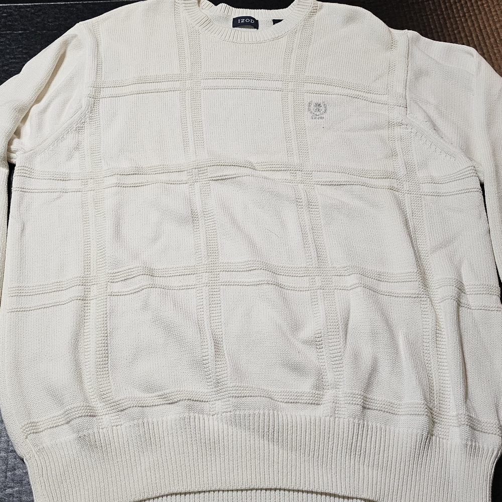 Izod Winter White Cotton Crew Neck Sweater‎ With Embroidered Logo Size XL Cotton